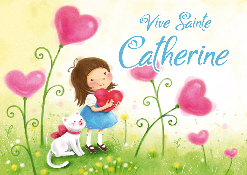 CARTE POSTALE 10*15 STE CATHERINE FILLE CHAT COEUR*